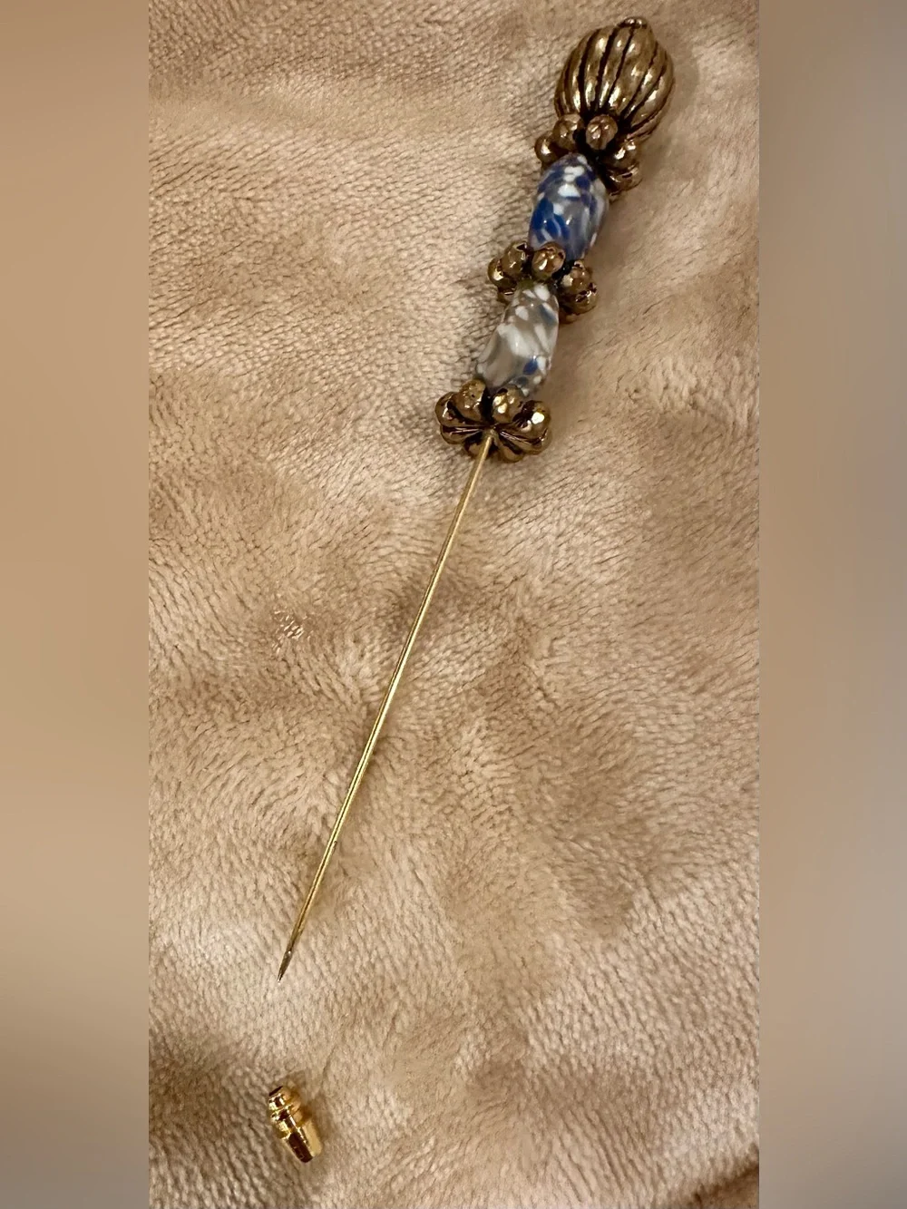 Blue and White Glass Bead Gold-Tone Drop Stick pin with cap